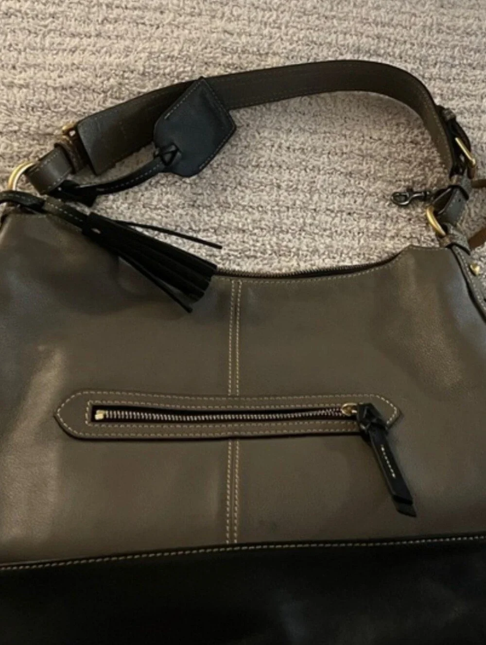 Dooney & Bourke Gray/Black Sophie Pebbled Leather Tasseled Hobo Bag w bag Charm